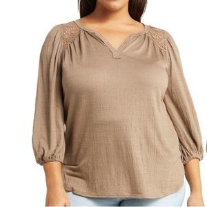 MAX STUDIO Lace Shoulder Blouse Mocha 2X